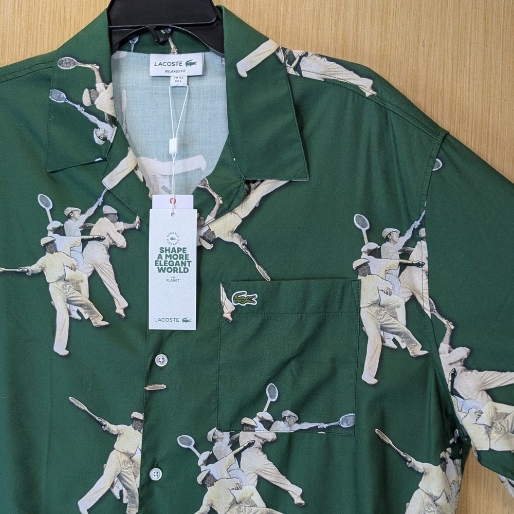 Lacoste Mens Relaxed Fit Tennis Graphic Print Button Down Shirt Size L Green NWT